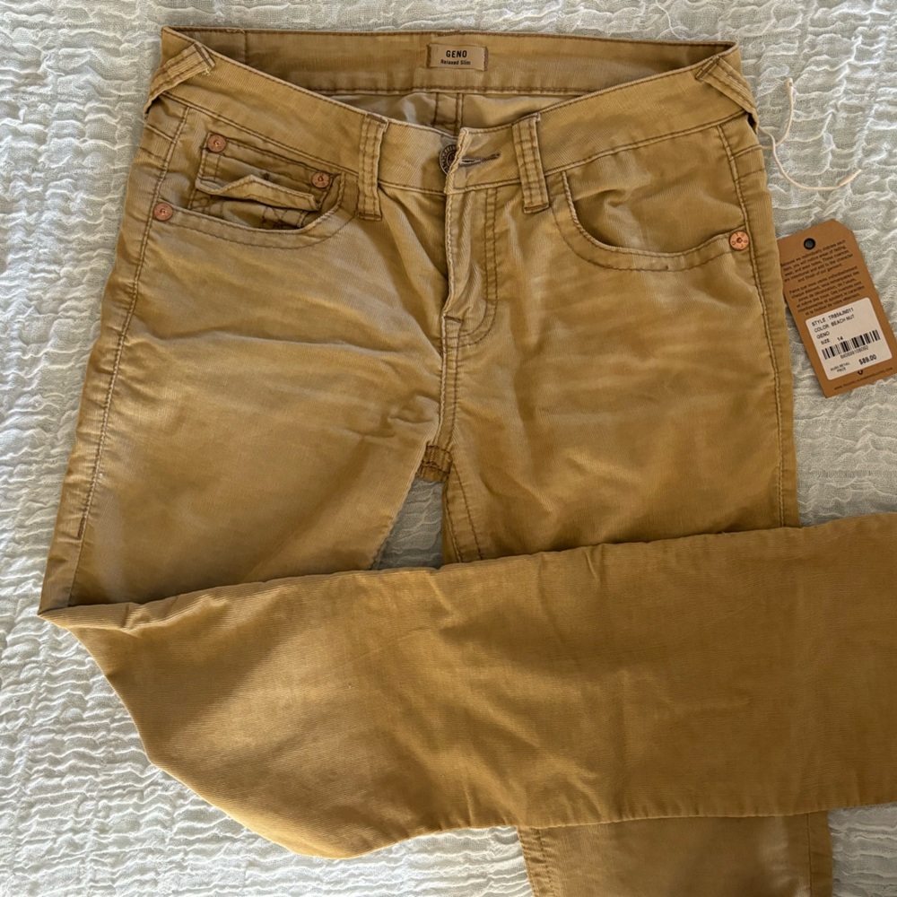 True Religion khaki corduroy beech nut low rise boot cut pants